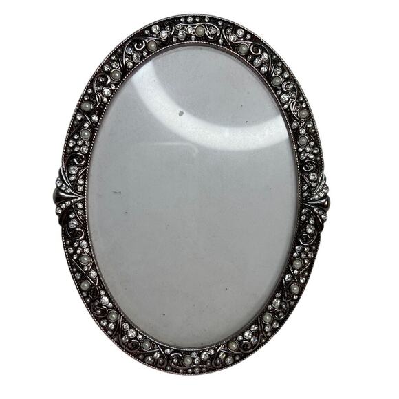 Ornate Oval Picture Photo Frame Ornament Faux Pearl Beads Silver Tone - Picture 1 of 5